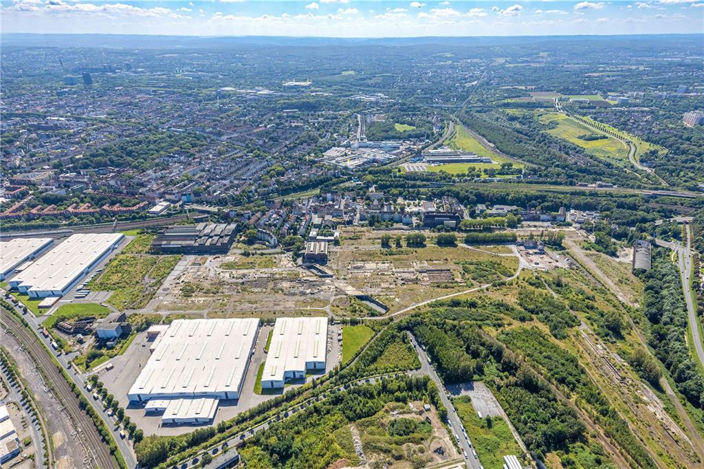 Baustelle Union Gelände, hinten Küpperich mit Emschertal und KGV Kleingärtnerverein Im Wiesengrund e.V., Dorstfelder Brücke, Dortmund, Ruhrgebiet, Nordrhein-Westfalen, Deutschland
