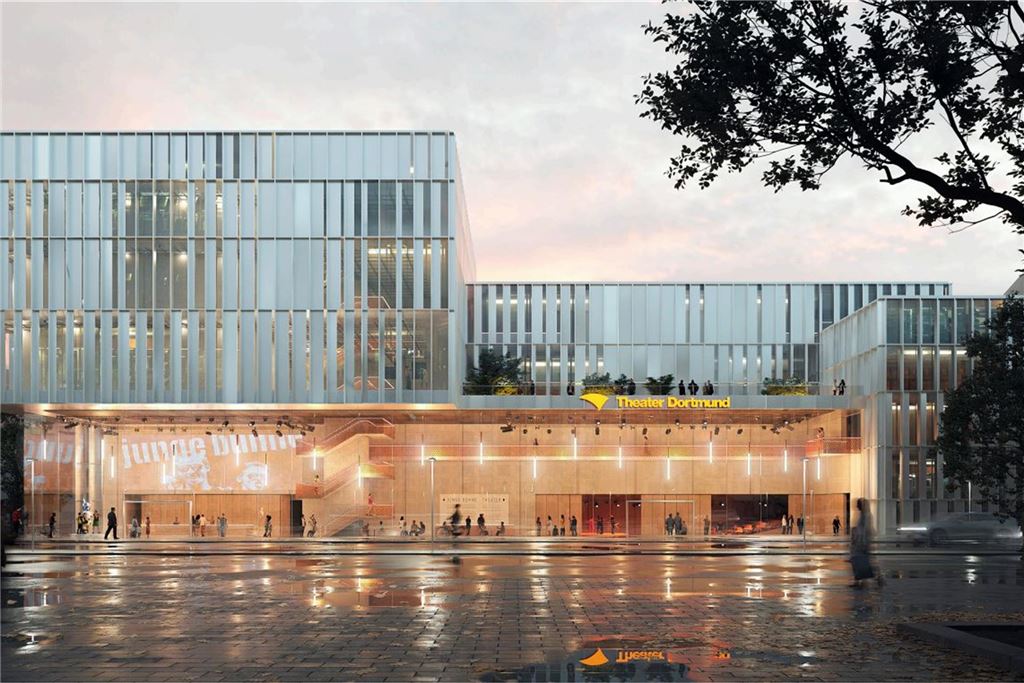 Schub für das Dortmunder Nachtleben: Halbzeit-Bilanz zur Kulturpolitik Das neue Schauspielhaus mit der Jungen Bühnen am Wall - ein Entwurf.