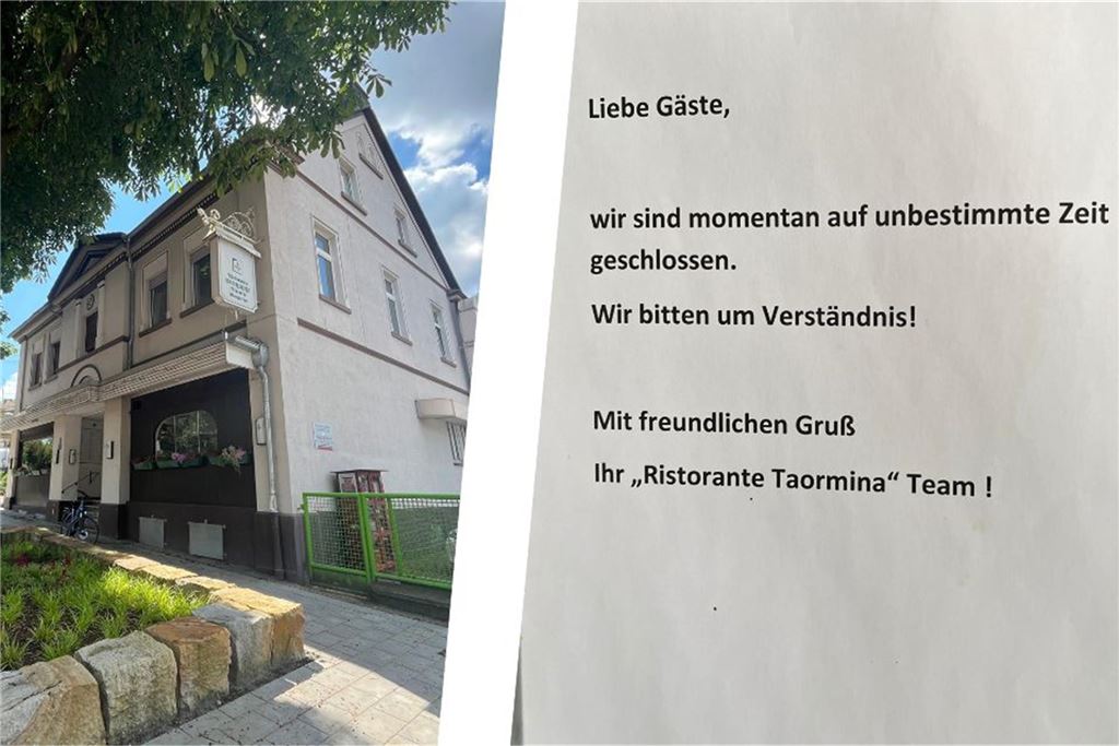 Pizzeria Taormina auf „unbestimmte Zeit geschlossen“ Die Bildmontage zeigt links das Restaurant "Taormina" in Unna und rechts einen Zettel an der Eingangstür, auf der es heißt, "wir sind momentan auf unbestimmte Zeit geschlossen".