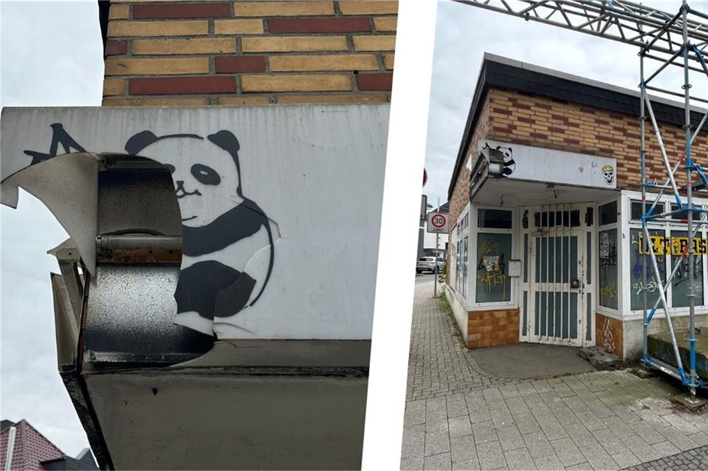 Imbiss „Tao Tao“ seit Jahren nicht mehr aktiv: Der Besitzer klärt auf Bildmontage. Rechts: Ein Schild an dem ehemaligen Tao Tao, auf dem ein Panda-Bär abgebildet ist, wurde teilweise zerstört. Links: Das Tao Tao von außen.