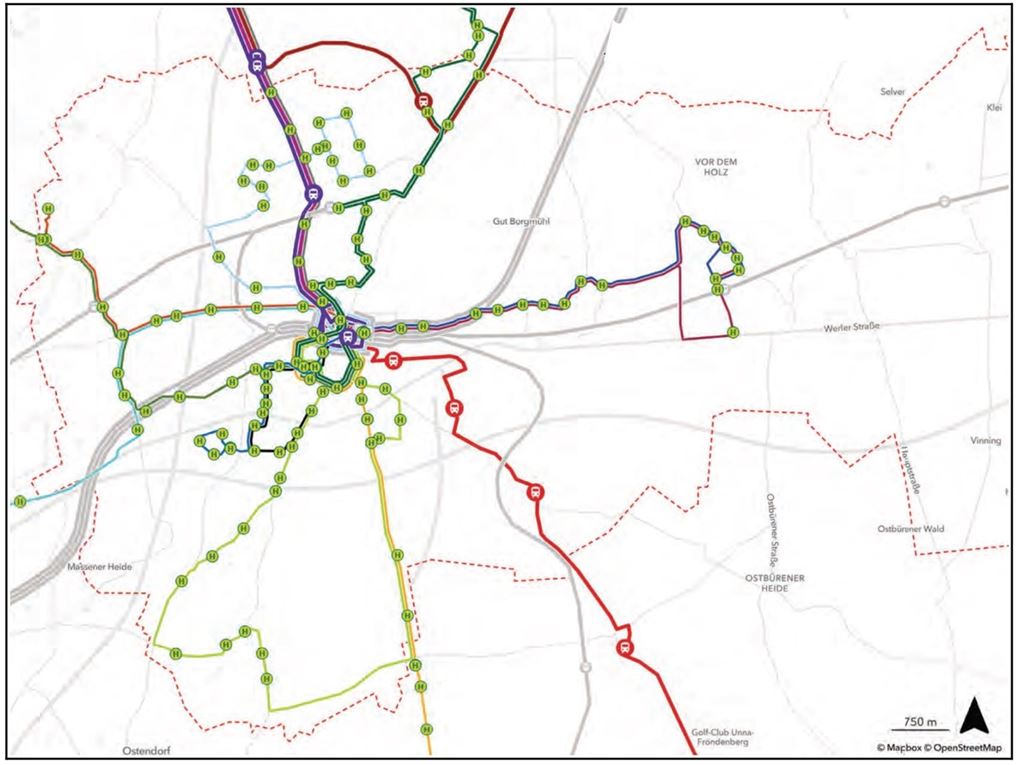 In Hemmerde soll kein Bus mehr halten: Stadt kritisiert Nahverkehrsplan Die Grafik der Stadt Unna zeigt, wie sich der Kreis Unna nach der Nahverkehrsplanung das Busnetz in der Stadt Unna vorstellt. Unter anderem sollen drei Schnellbuslinien (in rot) eingeführt werden.