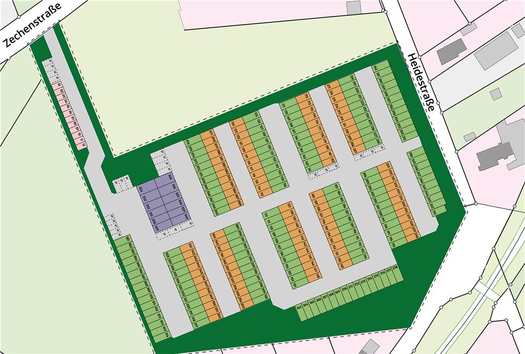 Riesen-Baustelle im Norden: Großgaragen entstehen an der Zechenstraße Der Lageplan zeigt die 300 Großgaragen, die Ulrich Jung zwischen der Zechen- und Heidestraße in Unna-Königsborn bauen lässt.