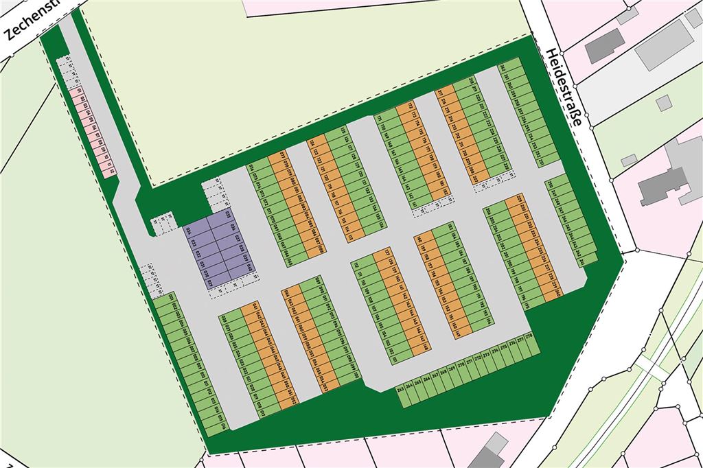 Riesen-Baustelle im Norden: Großgaragen werden später fertig Der Plan zeigt die sich im Bau befindliche Großgaragen-Anlage zwischen Zechenstraße und Heidestraße in Unna-Königsborn.
