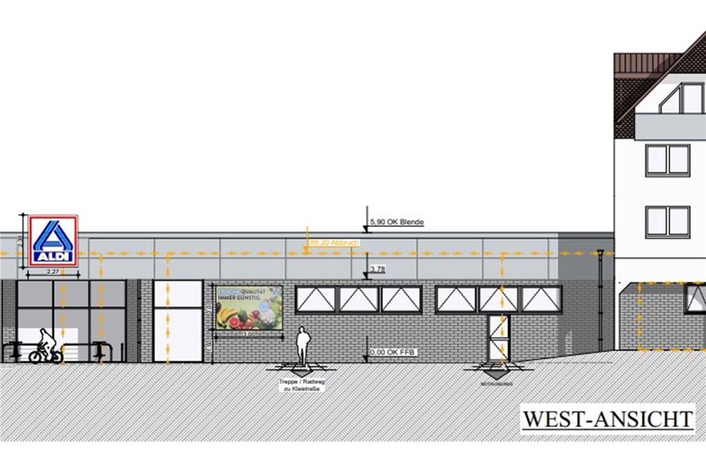 Aldi gibt Zeitplan für Supermarkt in Massen bekannt Der neue Aldi-Markt wird sich wie die Edeka-Immobilie an die Mehrfamilienhäuser anschmiegen. Diese Ansicht aus den Bauunterlagen zeigt den Neubau aus West-Richtung, also von der Kleistraße aus.