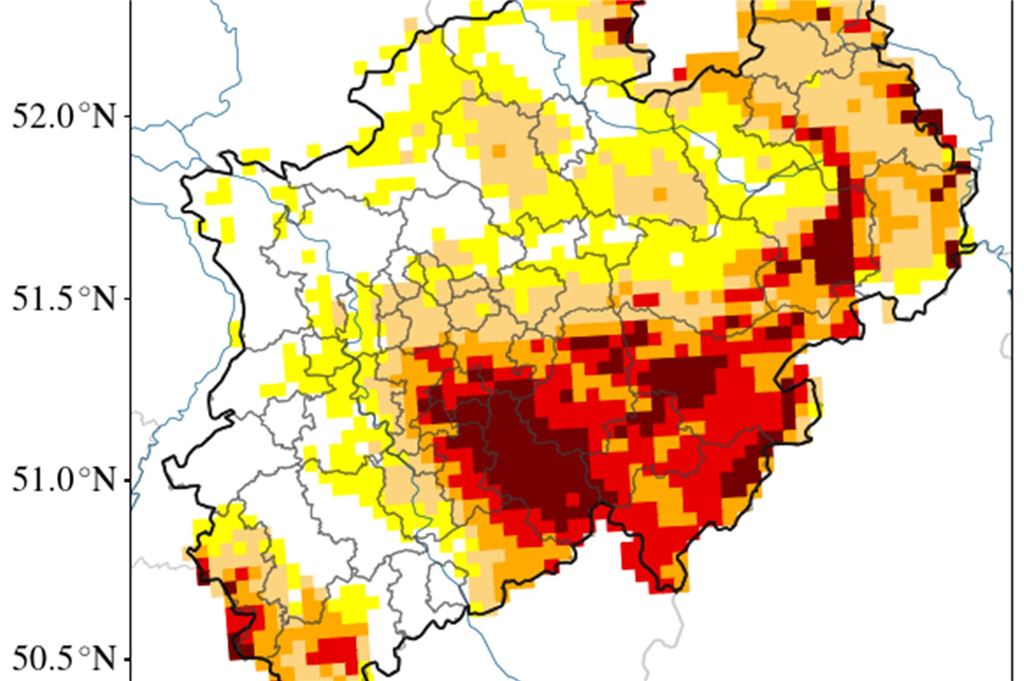 Warnung vor Waldbränden: Diese Gefahren birgt die aktuelle Dürre Der UFZ-Dürremonitor des Helmholtz-Zentrums für Umweltforschung zeigt die Trockenheit des Gesamtbodens (Tiefe bis 1,8 Meter) in NRW.