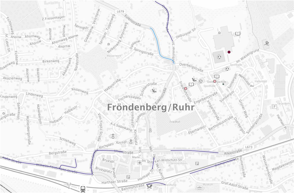 Sicherheit auf dem Schulweg: Auf diesen Straßen passieren die meisten Unfälle Eine Karte von Fröndenberg mit eingezeichneten Schulen und Unfallstandorten
