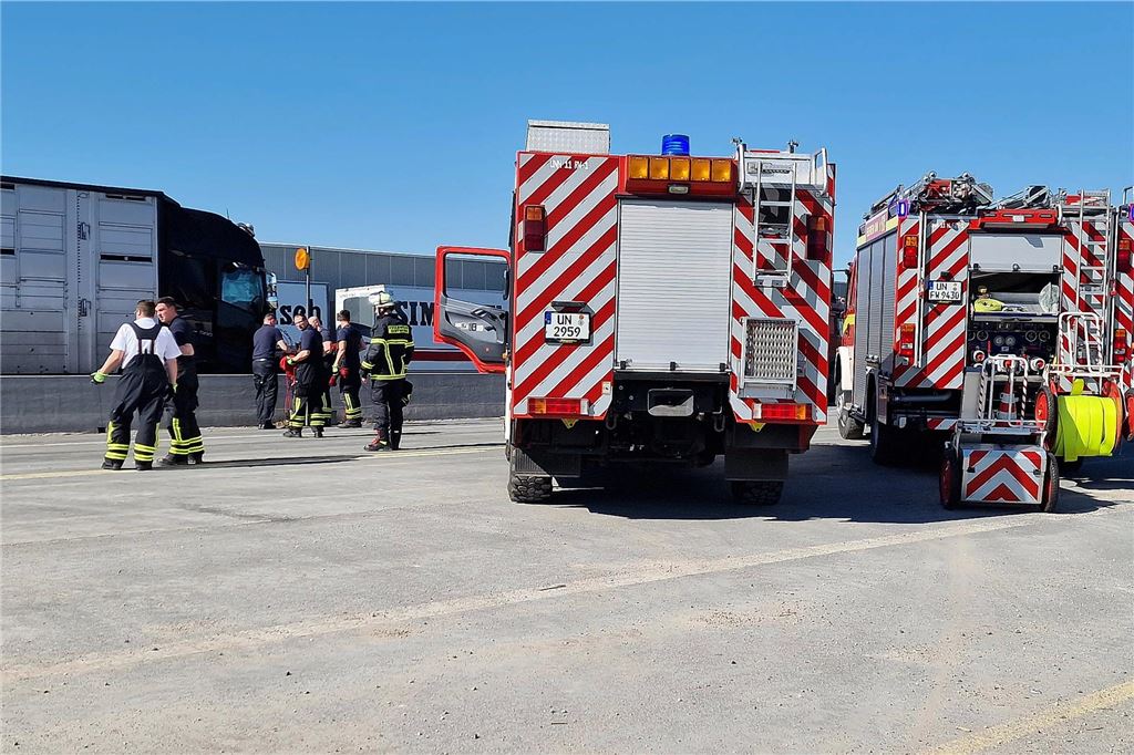 Nach einem Unfall mit einem Viehtransporter auf der A1 bei Unna am 19.3. stehen Feuerwehrfahrzeuge auf der Autobahn.