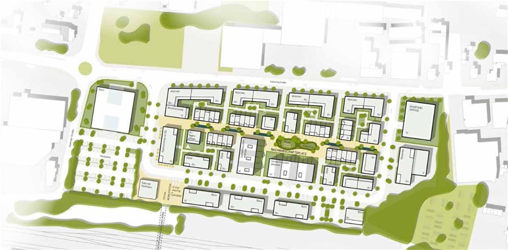 Jobcenter-Umzug terminiert: Neubau auf der Victoria-Brache fertiggestellt Die Grafik der Viktoria-Grundstücks GmbH & Co. KG zeigt die Planung östlich des Jobcenter-Neubaus.