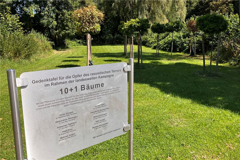 Gedenkstätte für NSU-Opfer braucht Ersatzbäume Auf dem Bild ist die Gedenktafel der Aktion „Zehn plus Eins Bäume“ im Kurpark in Unna zu sehen. Darauf stehen die Namen der Mordopfer des Terrornetzwerks NSU.