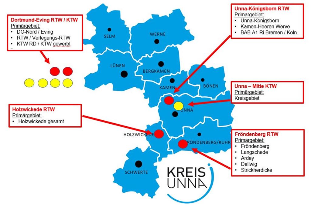 Ein privater Rettungsdienst schließt Versorgungslücken im Kreis Unna Die Karte zeigt, wo die Reinoldus Rettungsdienst gGmbH Standorte unterhält und welche sie im Kreis Unna plant.