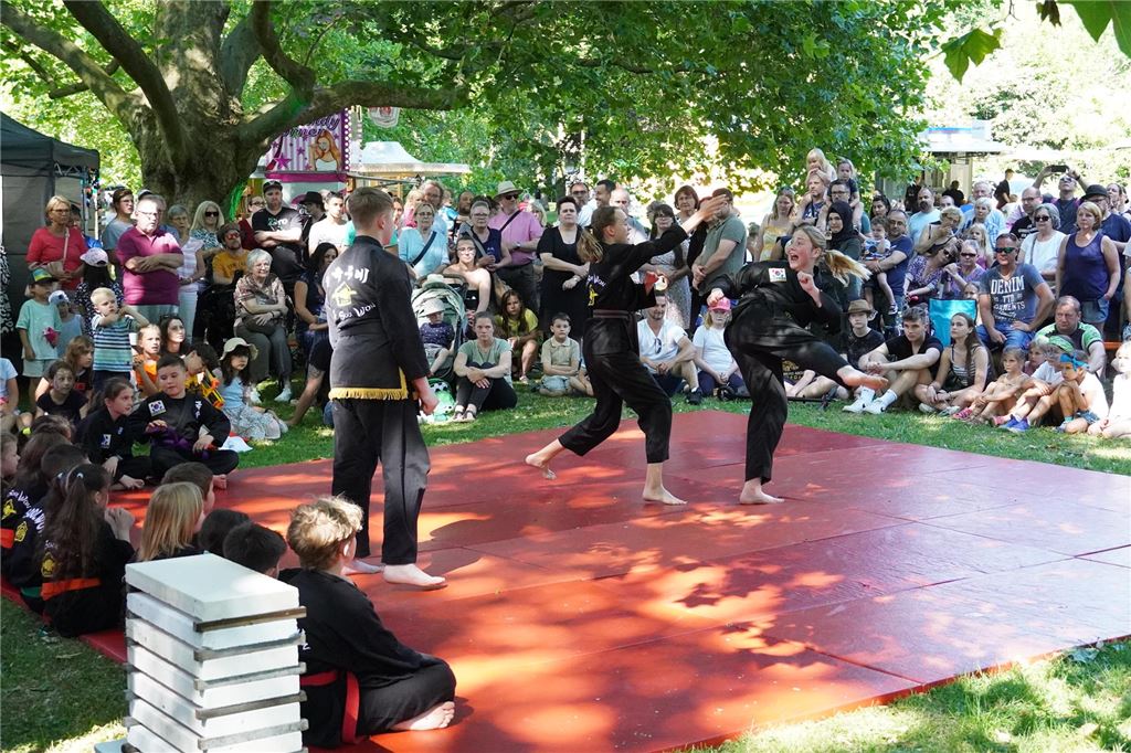 Feuer und Flamme zur Sonnenwende: Mittsommernachtsfest im Kurpark Die Kuk-Sool-Won-Schule Königsborn beeindruckte mit Akrobatik und Kampfdemonstrationen.