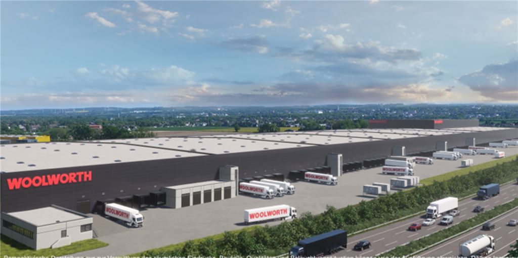 Woolworth will weiter wachsen: Neue Hallen und 250 Jobs in Unna Diese fotorealistische Grafik zeigt, wie der Logistikkomplex von Woolworth an der A1 nach dem Ausbau aussehen würde. Die neuen Hallenschiffe 6 und 7 sowie das buchstäblich herausragende Hochregallager würden dann am Südende liegen, hier also rechts im Bild.