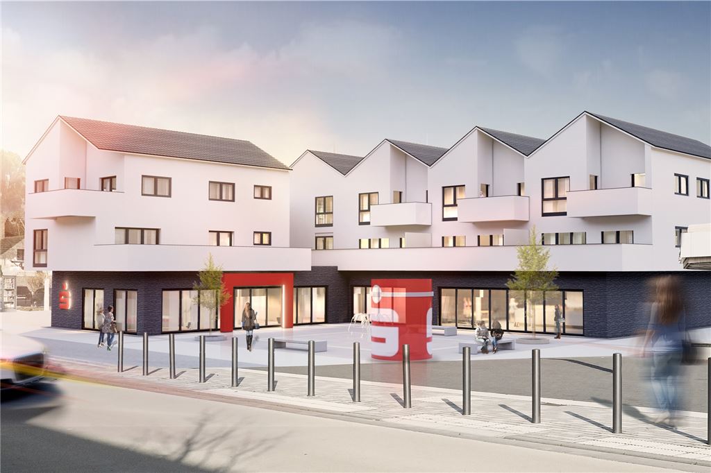 Sparkasse Unna-Kamen gibt Neubau-Pläne in Heeren-Werve bekannt Diese Projektskizze zeigt den Neubau an der Märkischen Straße. Im Vordergrund der neu gestaltete Platz, auch bekannt als „Neue Mitte“.