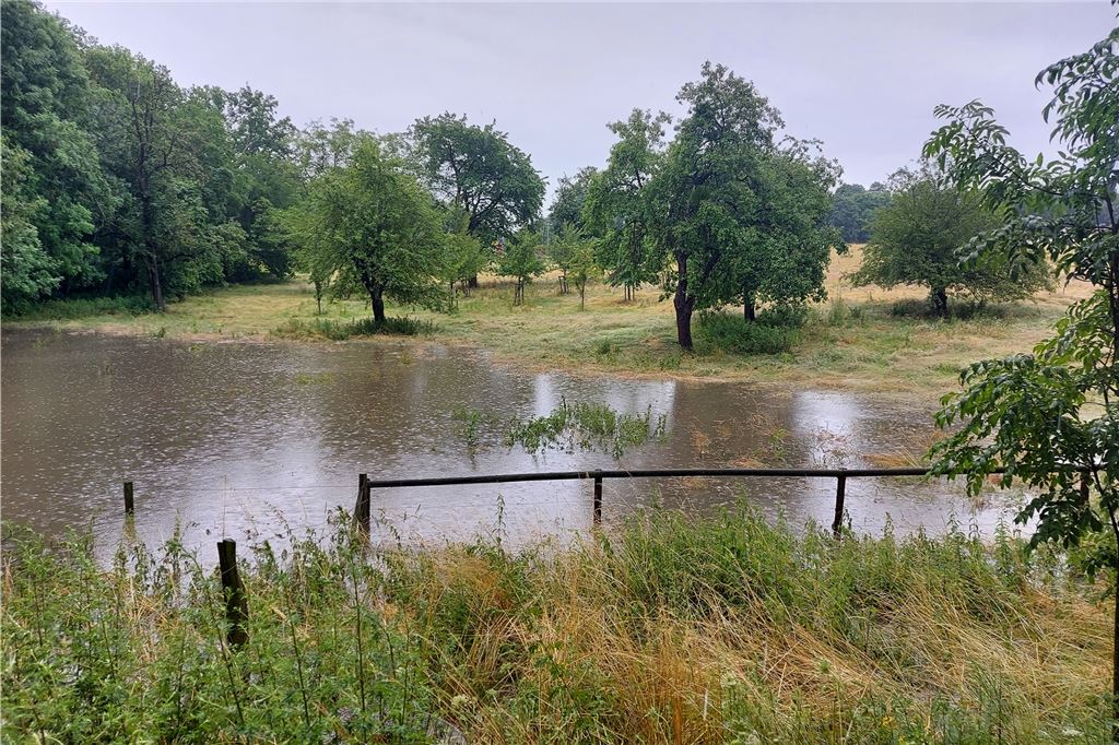 Gegen Starkregen und Hochwasser hat sich Unna gut aufgestellt Diese Überflutung ist plangemäß entstanden: An der Morgenstraße gibt es ein Regenrückhaltenbecken, das Stadtbetriebechef Frank Peters bei gutem Füllgrad fotografiert hat. Wenn von Dächern und befestigten Flächen mehr Regen ins Kanalnetz geleitet wird, als die Rohre in der Zeit ableiten können, puffern auch solche Erdbecken die Wassermassen ab.