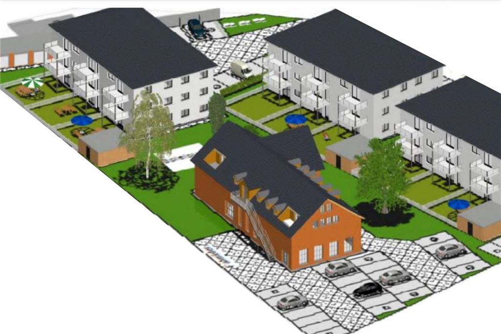 Kritik an Kreutzkamp-Bauvorhaben: „Das zerstört Cappenbergs Charakter“ Drei Merhrfamilienhäuser plant das Unternehmen Ebrecht Immobilien rund um Haus Kreutzkamp (rot) zu errichten. Es handelt sich um eine Ansicht aus der Präsentation, die Prof. Florian Ebrecht im April 2024 im Ausschuss in Selm hielt.