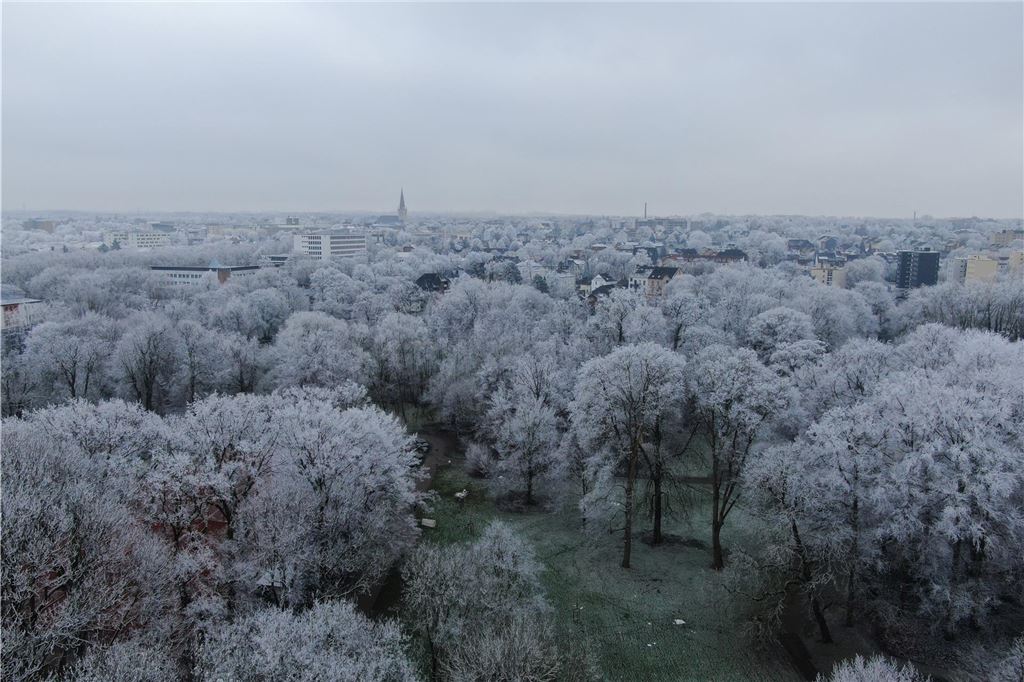 Ein Blick aus Königsborn heraus über die weiß bedeckten Bäume hin zur evangelischen Stadtkirche.