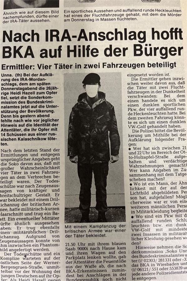 Terror-Mord der IRA: Heidi Hazells Familie wartet auf Gerechtigkeit Ein erstes Phantombild zeigt nicht das Gesicht des Täters, illustriert aber seine Kleidung. Offenbar hatten sich die Terroristen als Kameraden getarnt und dafür die Kampfanzüge des britischen Heeres angezogen.