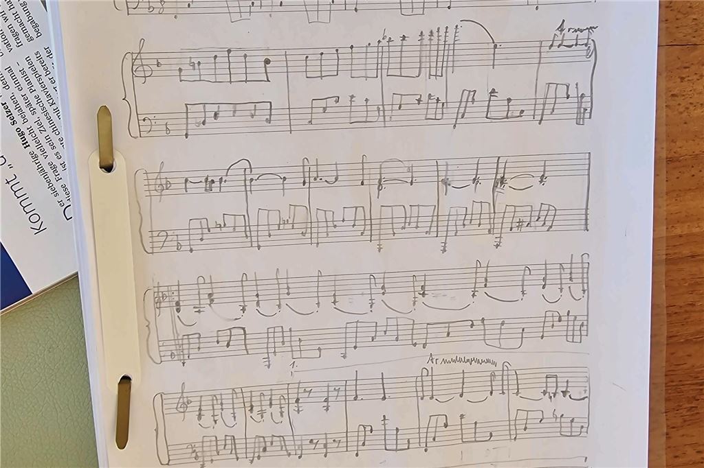 Wunderkind: Hugo (7) komponiert eigene Stücke auf dem Klavier Ein Notenblatt von Hugo Selzer mit einem von ihm komponierten Stück.