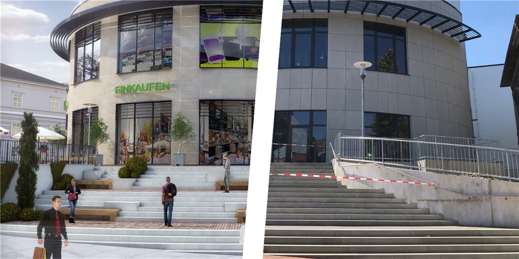 Irreführende Verkaufe: Die Mühle Bremme im Grün-Grau-Vergleich Ein Vergleich der Entwurfsgrafik für das Einkaufszentrum „Neue Mühle“ mit der Wirklichkeit: Bänke und Beete fehlen. Ob die Sitzmöbel noch folgen, ist unbekannt. Die Beete aber gibt es definitiv nicht.