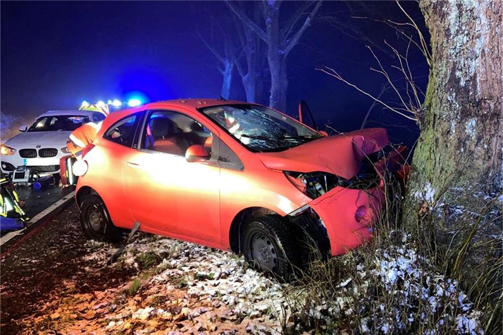 Warnung vor Sturm in NRW zum Wochenstart: Starke Regenschauern und orkanartige Böen möglich Ein Wrack eines Autos steht frontal vor einem Baum.