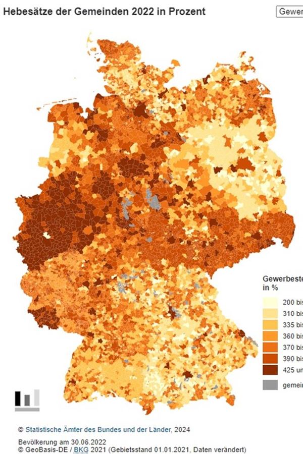 Steuersätze wie im Braunkohle-Revier Eine Karte des Bundesamtes für Statistik zeigt, wo die Kommunen ihren heimischen Betrieben besonders hohe Gewerbesteuersätze abverlangen.