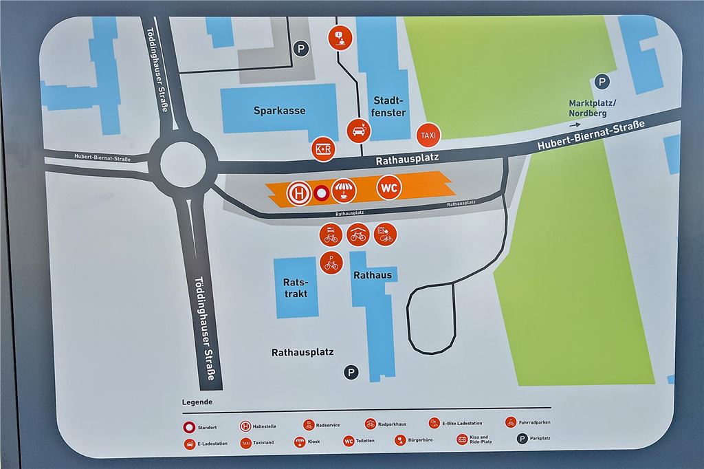 Bergkamen ist mit erster Mobilstation kreisweit Vorreiter Die Karte zeigt, wo die einzelnen Elemente einer Mobilstation am Bergkamener Busbahnhof liegen.