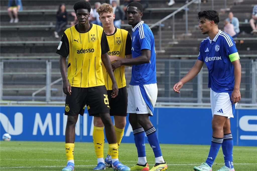 Mussa Kaba mit 15 Jahren neues Wunderkind der BVB-U19: „Da steht man mit großen Augen da“ Mussa Kaba steht auf dem Rasen.