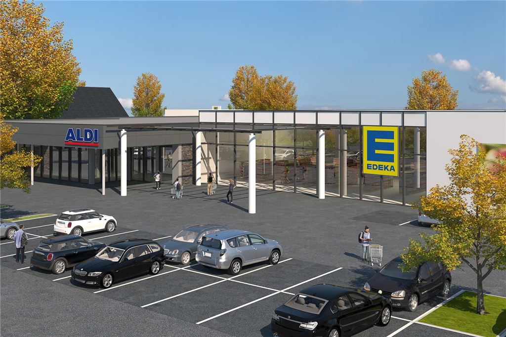 Letzte Frist für Edeka in Massen Entwickler Robert Löer wollte Aldi und Edeka in seiner ersten Planung gemeinsam an der Massener Bahnhofstraße ansiedeln. So, wie es diese Visualisierung aus seinem Büro zeigt, wird das Einkaufszentrum dort aber nicht mehr verwirklicht.