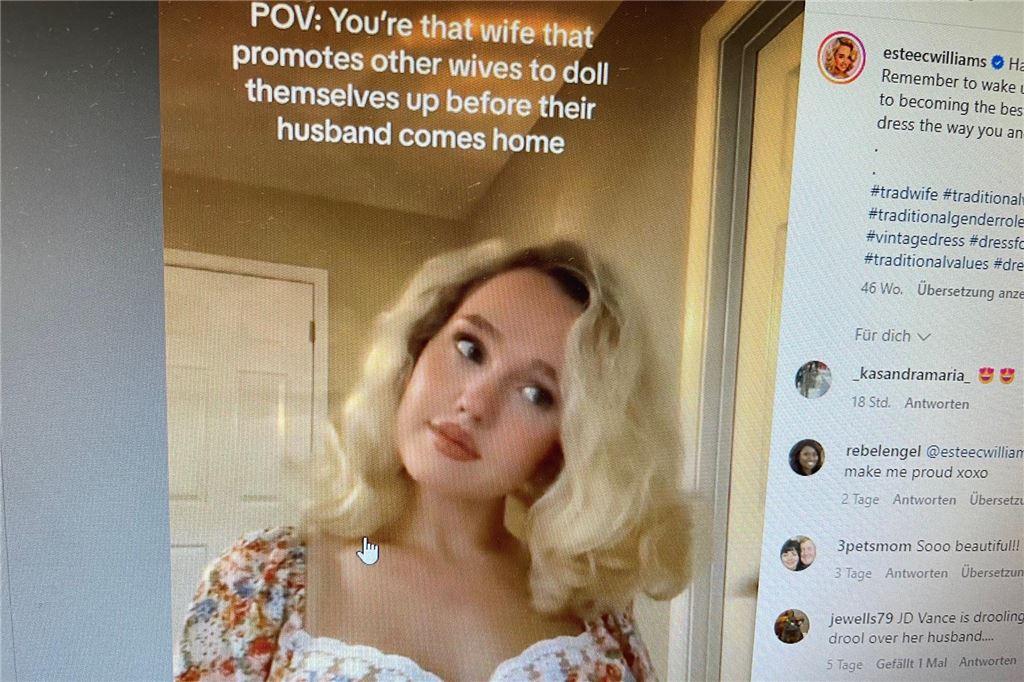 Malischka (28) feiert das Leben als Hausfrau: „Alles für meinen Prinzen“ Estee Williams hat eine große Fangemeinde in den USA, insbesondere unter Republikanern. Sie gibt Frauen auf TikTok und Instagram (Foto) auch Ehetipps.