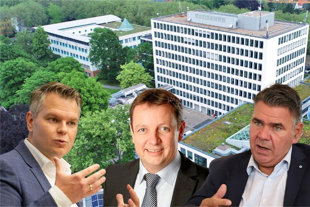 Trotz Aufsichtsbeschwerde: Management-Holding VBU geht an den Start GfL+WfU-Fraktionsvorsitzender Professor Johannes Hofnagel (M.), Kreisdirektor Mike-Sebastian Janke (l.) und Landrat Mario Löhr in einer Bildmontage vor dem Kreishaus in Unna.