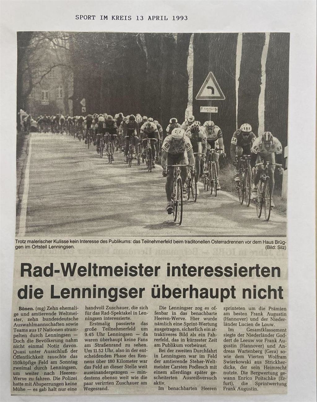 Rückblick Osterradrennen 1993 in Unna: Niederländer Godert de Leeuw holt Sieg im Spektakel Schlagzeile der Zeitung vom 13. April 1993 über das Osterradrennen