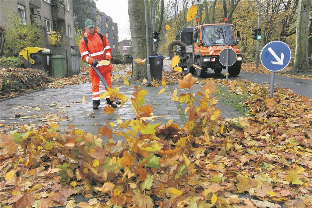 „Sind nicht gefühllos“: Stadtbetriebe überdenken ihre Arbeitsweise Ein Mitarbeiter der Stadtbetriebe Unna bläst mit einem Laubbläser Blätter von einem Gehweg.