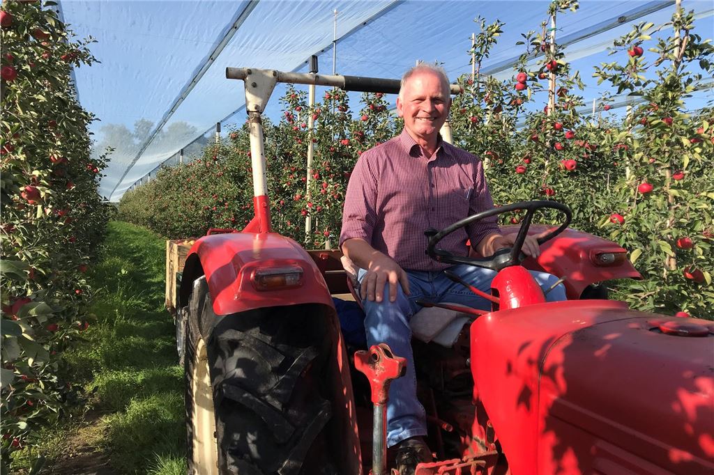 „Wird nicht günstiger“: Landwirte in Sorge vor neuem Mindestlohn Hubertus Bleckmann auf einen Traktor während der Apfel-Ernte.