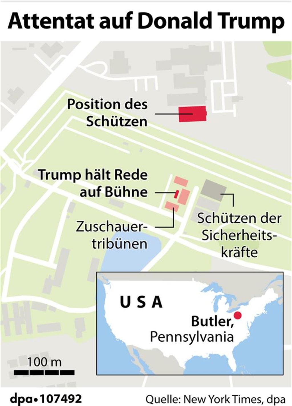 Attentat auf Trump: Ex-Präsident blutet nach Schüssen Lageplan des Trump-Attentats