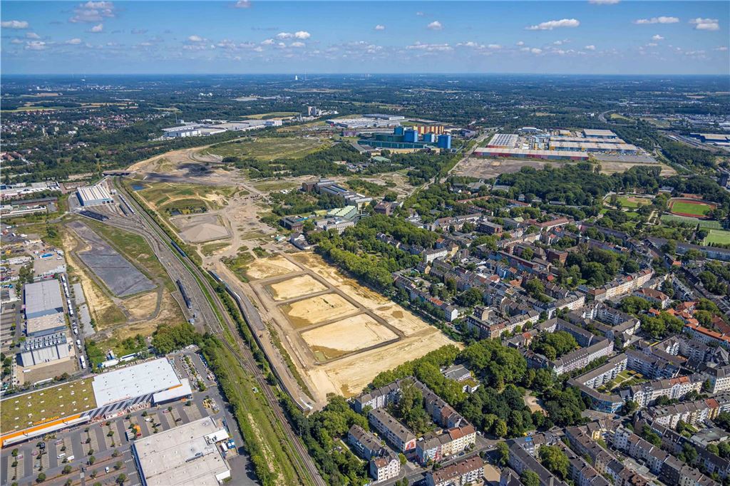 Luftbild, Baufläche Westfalenhütte Gewerbegebiet, Hoesch Areal, hinten Logistikzentrum und thyssenkrupp Steel Europe AG - Werk Dortmund mit dem Hoesch-Museum, Borsigplatz, Dortmund, Ruhrgebiet, Nordrhein-Westfalen, Deutschland