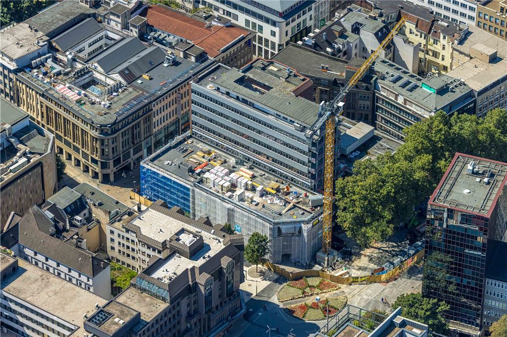 Luftbild, Baustelle mit Umbau und Sanierung Mayersche Buchhandlung Gebäude zwischen Westenhellweg und Kampstraße, Platz von Netanya, City, Dortmund, Ruhrgebiet, Nordrhein-Westfalen, Deutschland