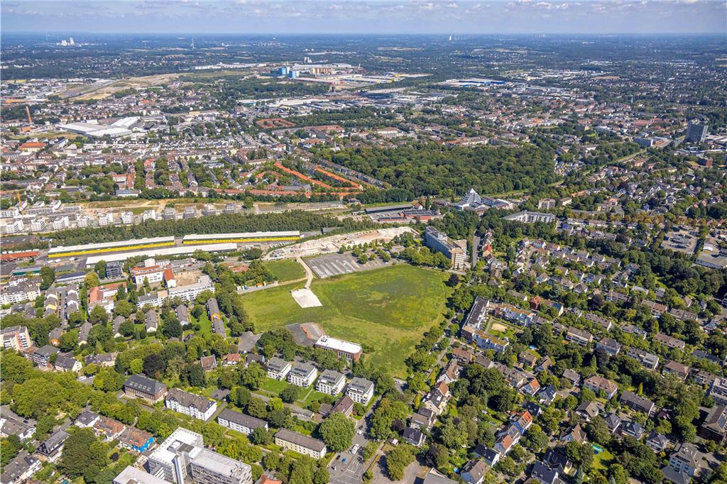 Luftbild, DSW 21 Dortmunder Stadtwerke, Gebäude Hauptverwaltung Deggingstraße mit Wiesenfläche, Großmarkthallen, Westfalendamm, Dortmund, Ruhrgebiet, Nordrhein-Westfalen, Deutschland