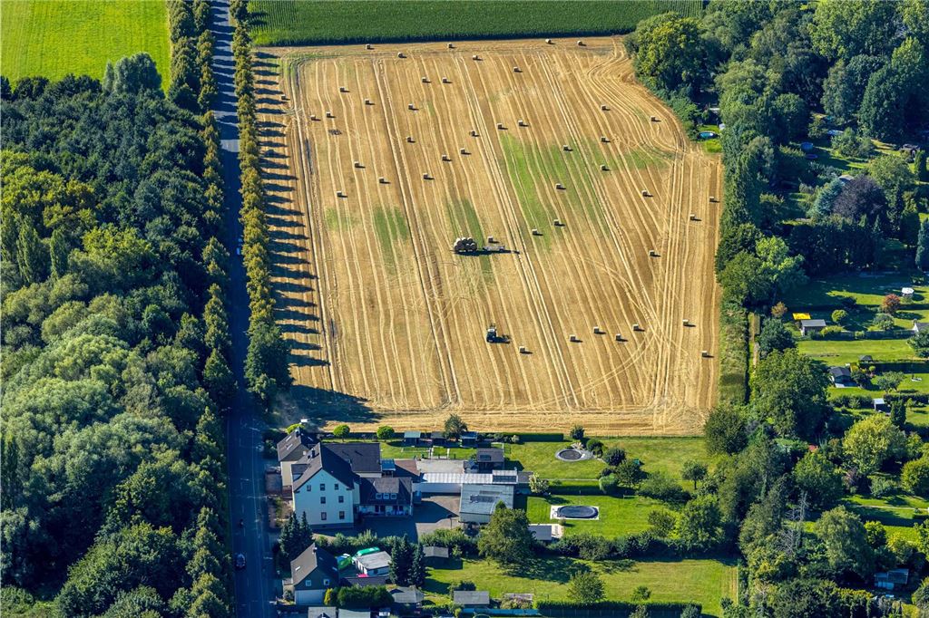 Luftbild, Feldarbeit, Traktor mit Heuballen auf einem Feld, Hof Mertin Bönninghauser Straße, Formen und Farben, Lanstrop, Dortmund, Ruhrgebiet, Nordrhein-Westfalen, Deutschland