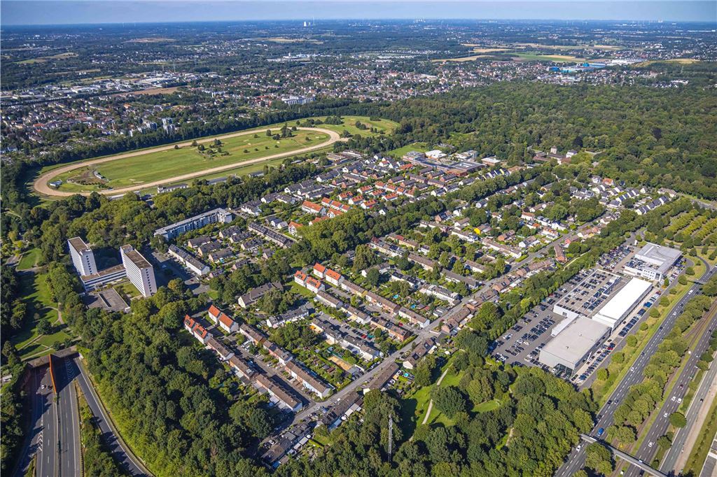 Luftbild, Galopprennbahn, Wohngebiet Auf dem Hohwart, Wambel, Fernsicht, Dortmund, Ruhrgebiet, Nordrhein-Westfalen, Deutschland