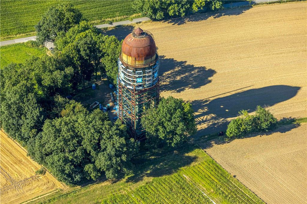 Luftbild, Lanstroper Ei, Baugerüst für Renovierung und Sanierung, 2Hostedde, Dortmund, Ruhrgebiet, Nordrhein-Westfalen, Deutschland