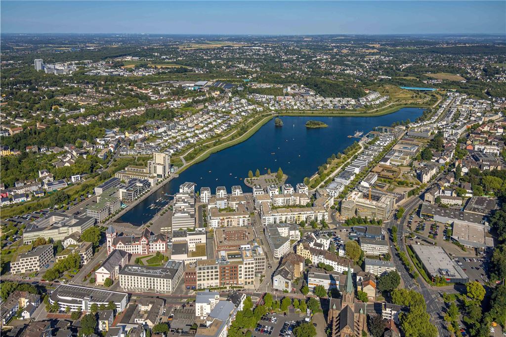 Luftbild, Phoenix See Gesamtansicht, Wohngebiet mit Einfamilienhäusern rund um den See, Hörde, Dortmund, Ruhrgebiet, Nordrhein-Westfalen, Deutschland