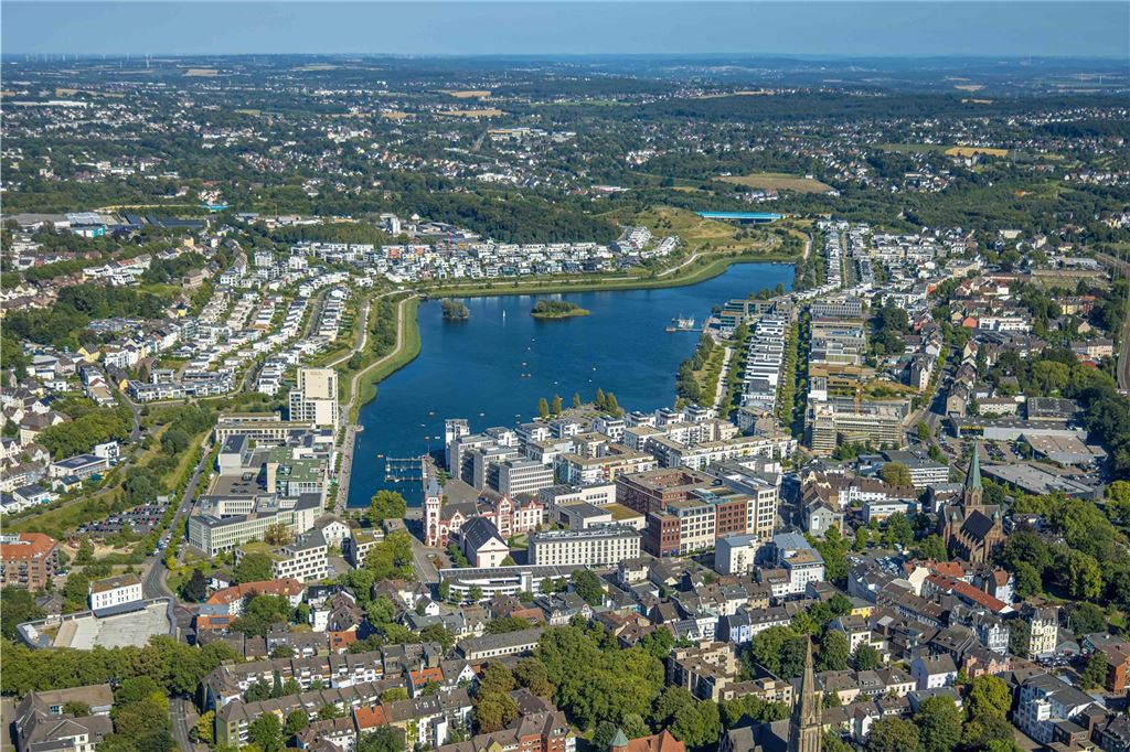 Luftbild, Phoenix See Gesamtansicht, Wohngebiet mit Einfamilienhäusern rund um den See, Hörde, Dortmund, Ruhrgebiet, Nordrhein-Westfalen, Deutschland