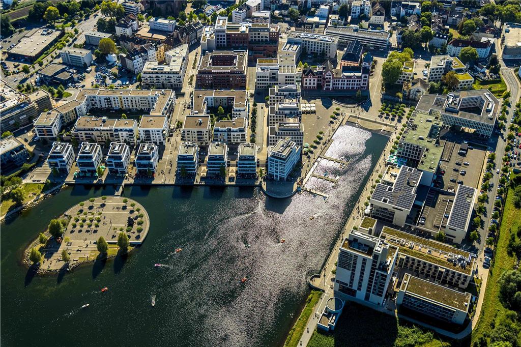 Luftbild, Phoenix See mit Hafen und Geschäftsviertel, Hörde, Dortmund, Ruhrgebiet, Nordrhein-Westfalen, Deutschland