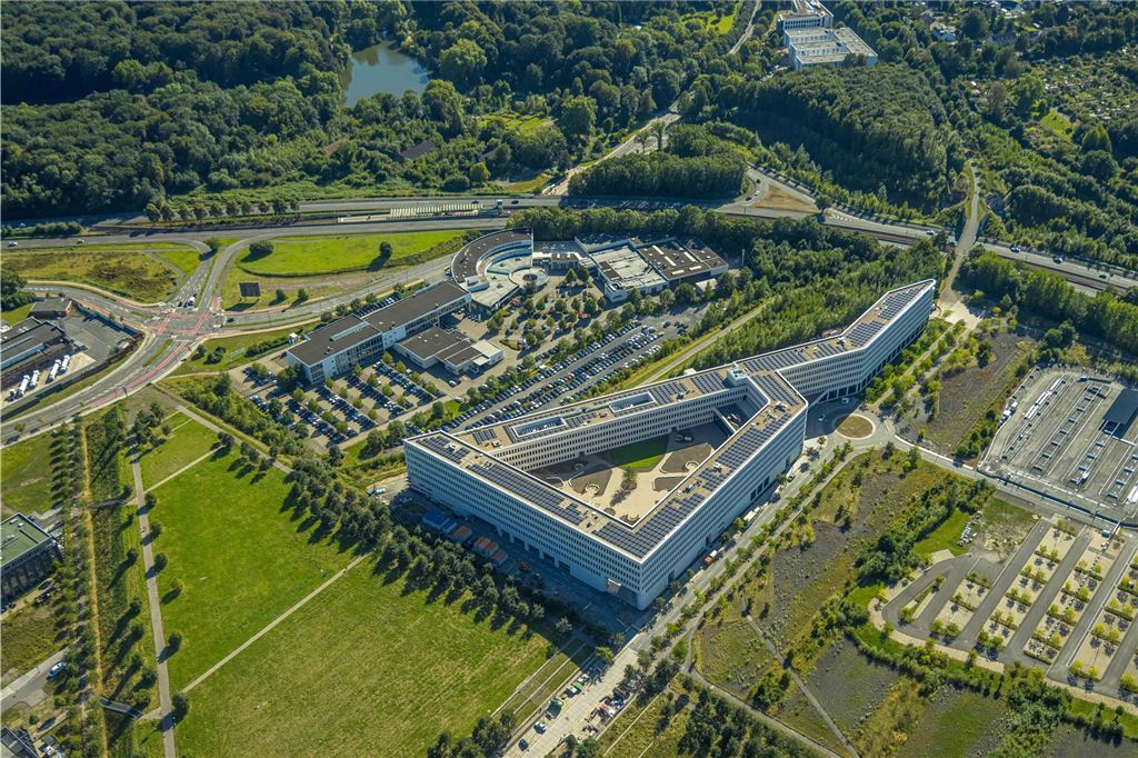 Luftbild, Technologiepark Gewerbegebiet Phoenix West, Materna Information & Communications SE Firmensitz, Hörde, Dortmund, Ruhrgebiet, Nordrhein-Westfalen, Deutschland