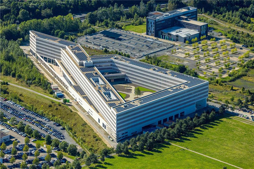 Luftbild, Technologiepark Gewerbegebiet Phoenix West, Materna Information & Communications SE Firmensitz, Hörde, Dortmund, Ruhrgebiet, Nordrhein-Westfalen, Deutschland