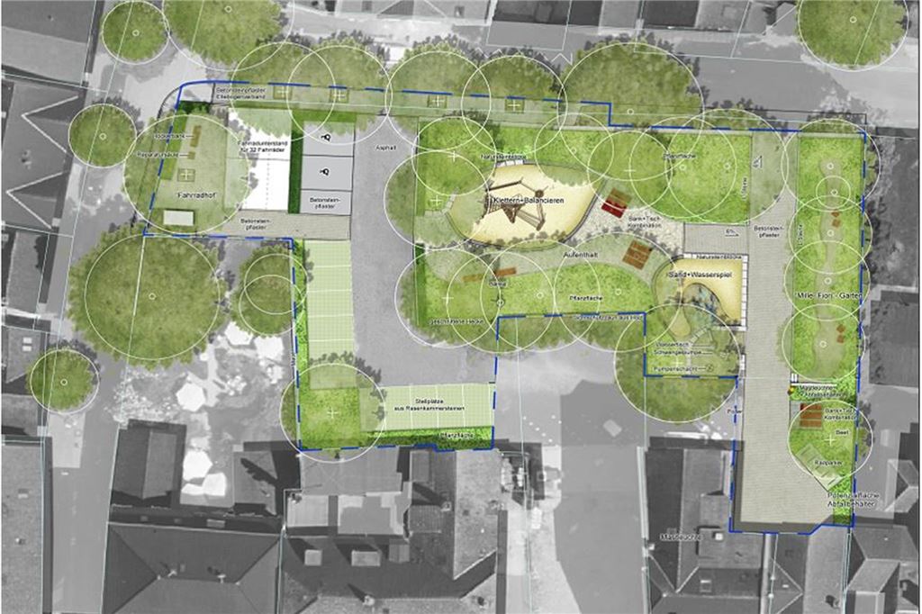 Umbau des Parkplatzes an der Schulstraße: „Jetzt ist die Pille fertig“ Der Plan zeigt, wie der Parkplatz an der Schulstraße in Unna nach dem Umbau aussehen soll. Es sollen zahlreiche Bäume gepflanzt werden und Spielmöglichkeiten für Kinder. Für Anwohner werden weiter Parkplätze vorgehalten und es gibt eine überdachte Fahrradabstellanlage.