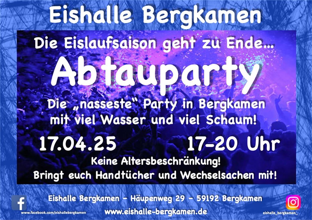 Die Eishalle feiert das Saisonende mit großer „Abtauparty“ Ein Flyer in Blau- und Lila-Tönen, der auf eine Party in der Eishalle in Bergkamen hinweist.