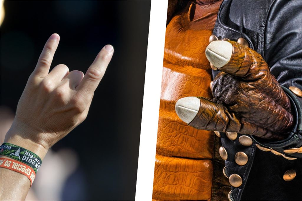 Heavy Metal-Konzert für Kinder: Was „Heavysaurus“ kindgerecht macht Eine Collage zeigt links die Handgeste für Heavy Metal und rechts eine Dinohand, die das Zeichen formt.