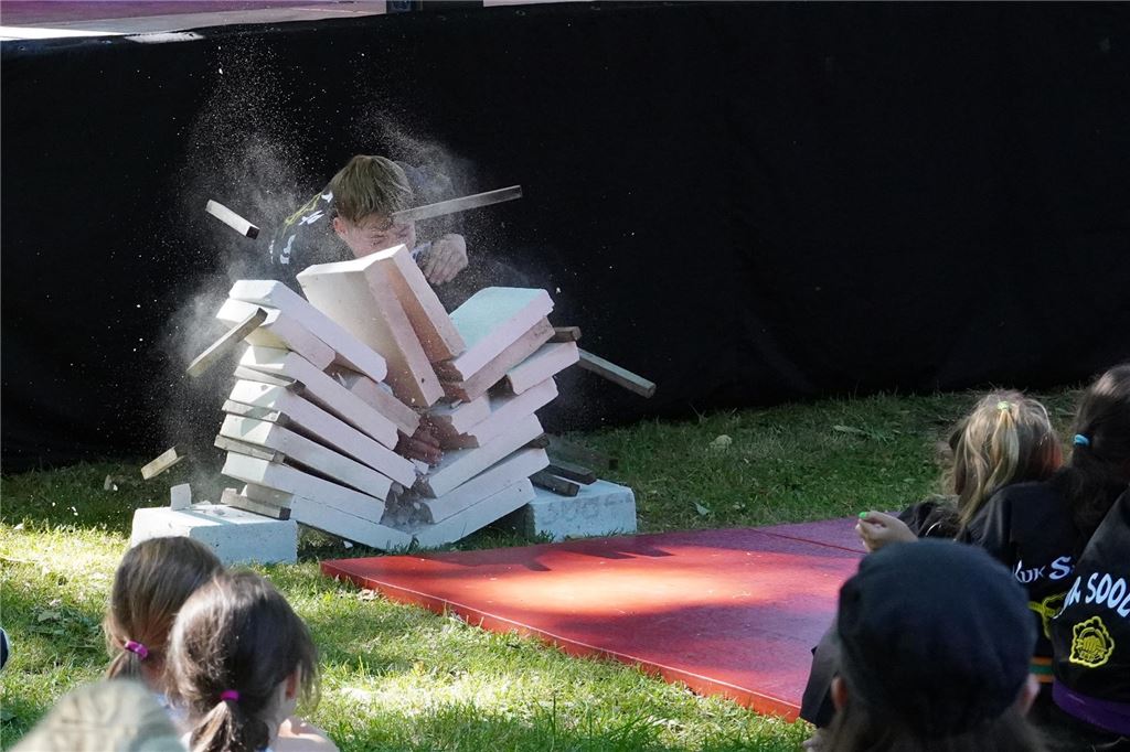 Feuer und Flamme zur Sonnenwende: Mittsommernachtsfest im Kurpark Mit einem gekonnten Schlag bricht Cedrik von der Kuk-Sool-Won-Schule Königsborn durch einen Stapel Betonplatten.