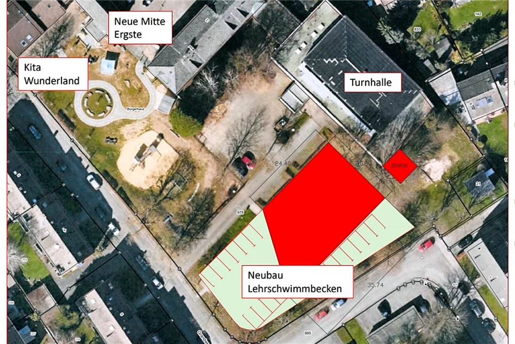 Zuschuss des Bundes: Lehrschwimmbecken Ergste kann neu gebaut werden Standortpläne für ein neues Lehrschwimmbecken in einem Ortsteil.